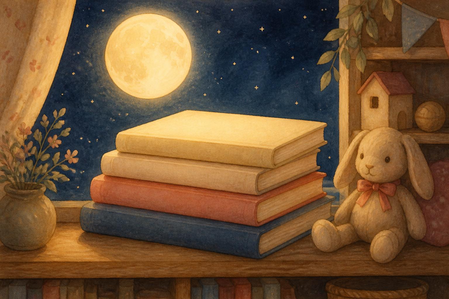 Stack of illustrated children's storybooks glowing under a full moon